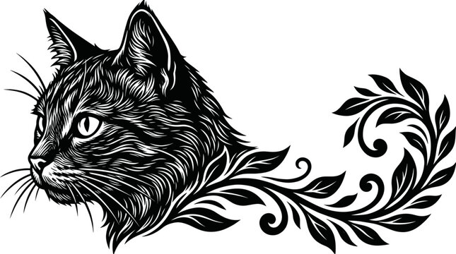 Ornate black cat head with floral swirl tail, elegant feline tattoo style vector illustration for decals and apparel