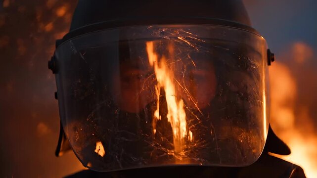 Riot helmet reflecting fire close-up during civil unrest scene, showing protective visor, danger, public disorder and emergency response context for protest, security and law enforcement media use