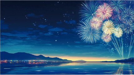 Fototapeta premium 夜の海に打ち上がるカラフルな花火、夏祭りや観光イベントを感じる幻想的な背景素材