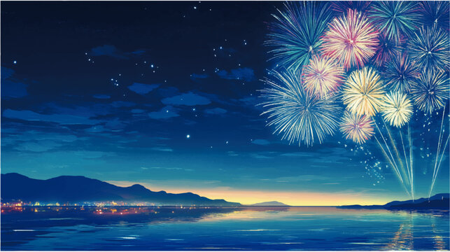 夜の海に打ち上がるカラフルな花火、夏祭りや観光イベントを感じる幻想的な背景素材