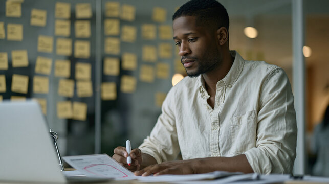 A product manager circles a laminated NPS scorecard with red marker at a standing desk, sticky notes color-coded by detractor score covering an entire glass partition behind them,