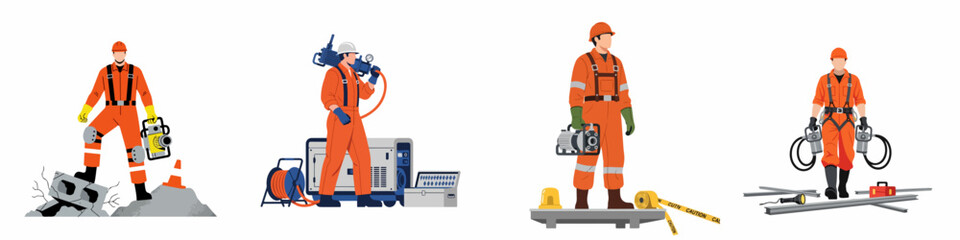 Fototapeta premium Flat vector illustration of male industrial workers wearing orange safety uniforms and helmets, carrying specialized tools and equipment.