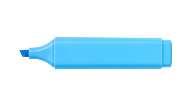Bright blue highlighter placed on a white background ready for use in studying or taking notes