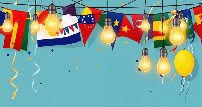 Flags and light bulbs for birthday. Festive decorations for holiday or festival. Vector
