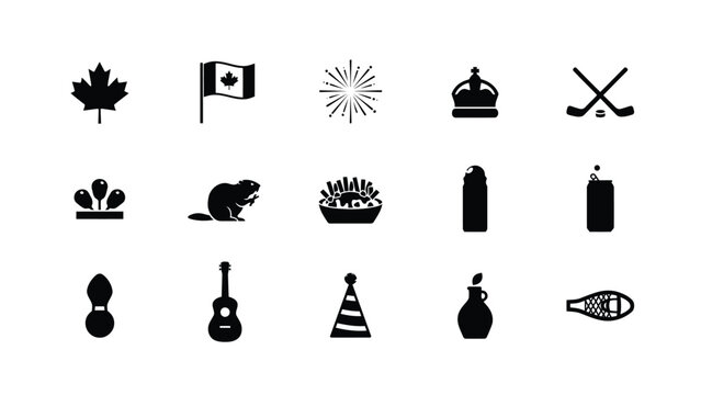 Canadian celebration vector icons with maple leaf, flag, fireworks, crown, hockey and beaver.