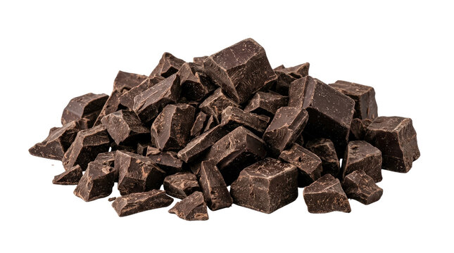 Pile of dark chocolate chunks on white background.