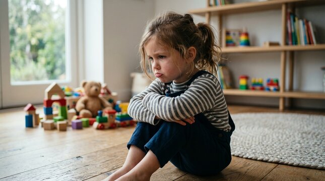Young child sitting on floor with arms crossed in playroom interior