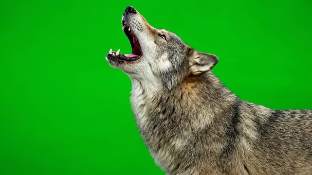 Close-up of a wolf howling on a green screen background.