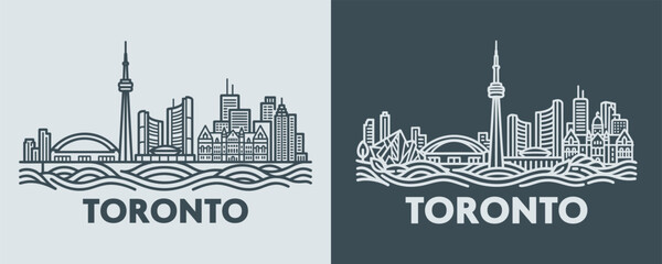 Obraz premium Toronto Canada City Skyline Line Drawing Illustration with Tall Communication Tower and Lakefront Urban Architecture Vector