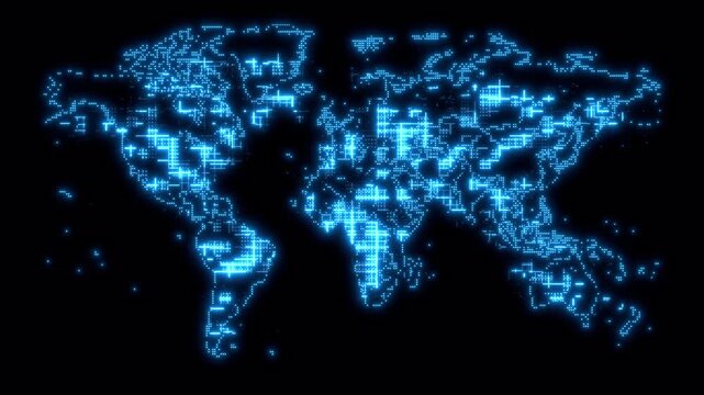 Glowing digital world map consisting of blue pixelated data points.