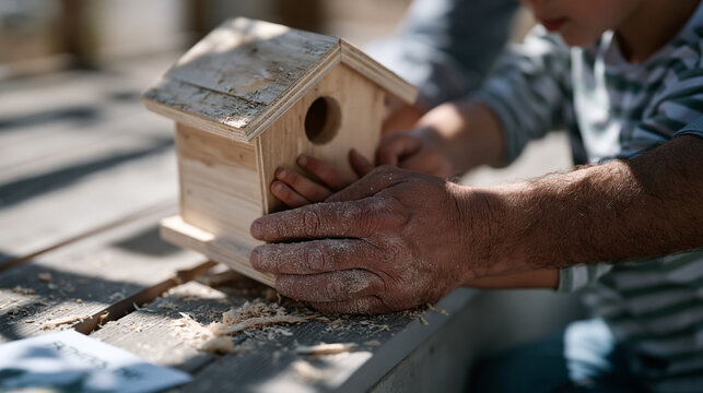 A pair of calloused father's hands and small child's hands together build a wooden birdhouse on a sun-drenched back porch, sawdust settled across both pairs of knuckles, a