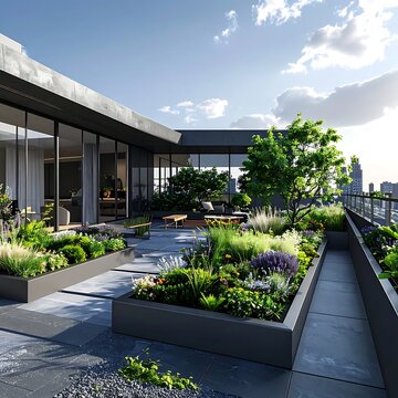 Modern rooftop garden with lush greenery and sleek architecture
