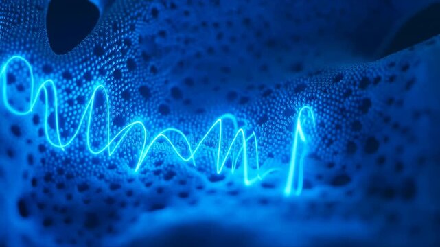 Neon blue waveform arcing over textured microsphere surface in panoramic closeup