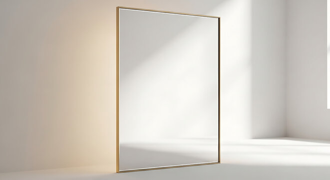 Rectangular mirror with a metallic frame stands against a neutral toned wall and floor