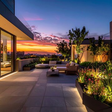 Modern rooftop patio with sunset view and garden
