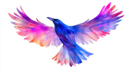 Fototapeta premium Colorful bird illustration with vibrant wings, showcasing shades of blue, pink, and orange in beautiful watercolor style