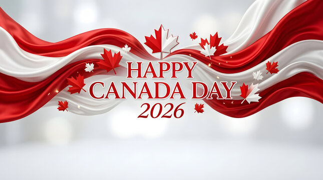 Happy Canada Day 2026 banner with fabric waves and maple leaves for greeting cards patriotic promotions and holiday advertising