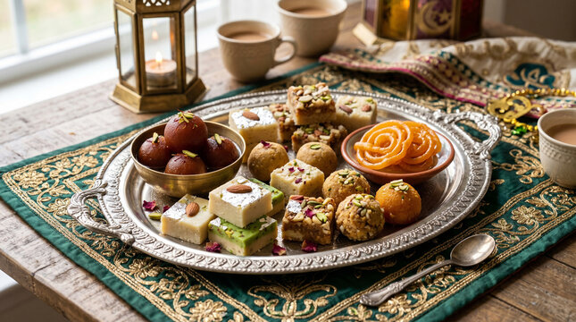 Silver platter filled with premium pakistani sweets or mithai including gulab jamun, barfi, and लड्डू served on a green embroidered runner with cups of hot tea
