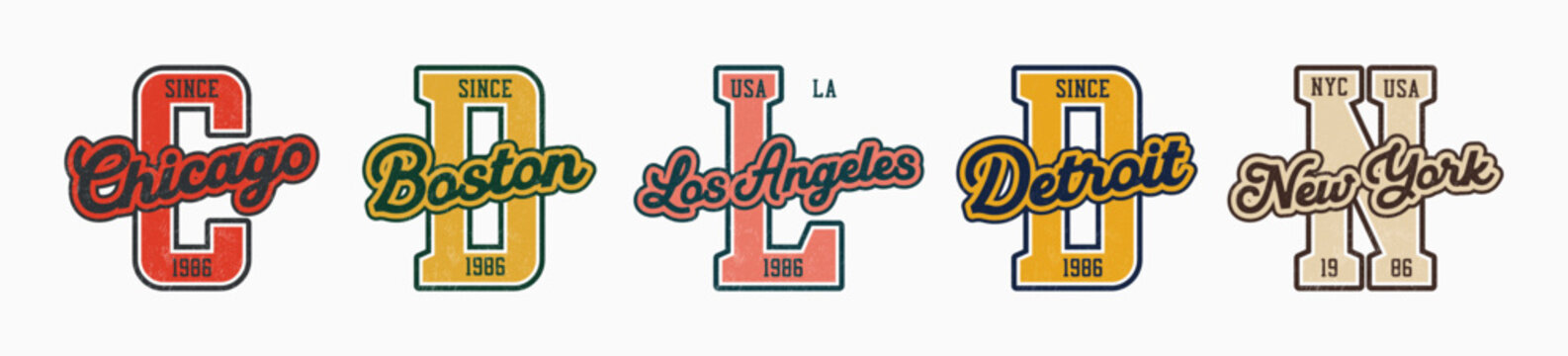 College style US cities capital letter badges for athletic design. Chicago, New York, Boston, Los Angeles, Detroit vintage university element for t-shirt, badge, team emblem and other design. Vector