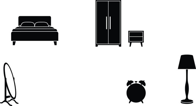 Bedroom furniture and decor elements silhouette vector icon set containing double bed wardrobe closet nightstand full length standing mirror alarm clock and floor lamp