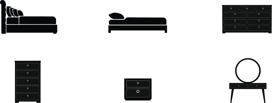 Bedroom interior furniture silhouette vector icon set containing double bed single bed chest of drawers nightstand cabinet and vanity dressing table with round mirror for room blueprints