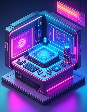 Neon-lit futuristic control panel with screens and buttons