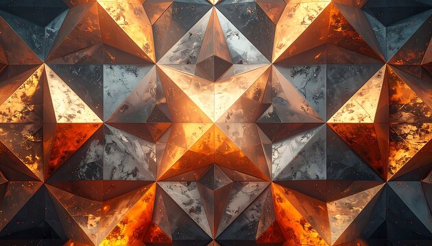 Geometric pattern of shiny orange and gray 3D triangles
