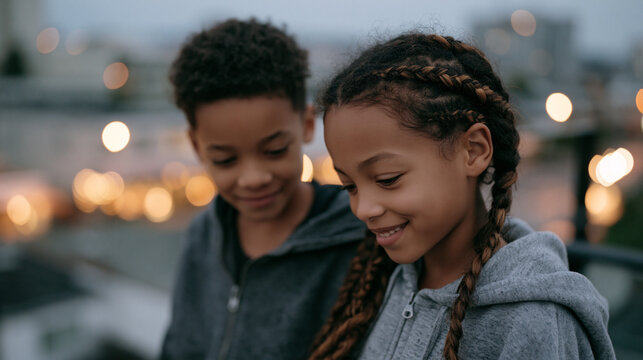 Sister braiding younger brother's hair on a tenement fire escape at dusk, city lights blurring below, laughing despite chipped paint surroundings, perfect for sibling bond, urban