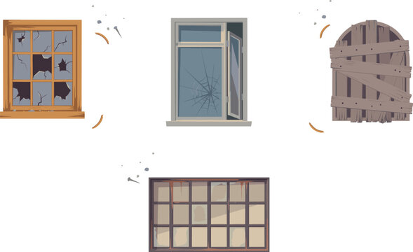 Broken and abandoned window frames vector element set containing shattered glass panels boarded up wooden doors and grimy industrial panes for horror apocalypse background designs