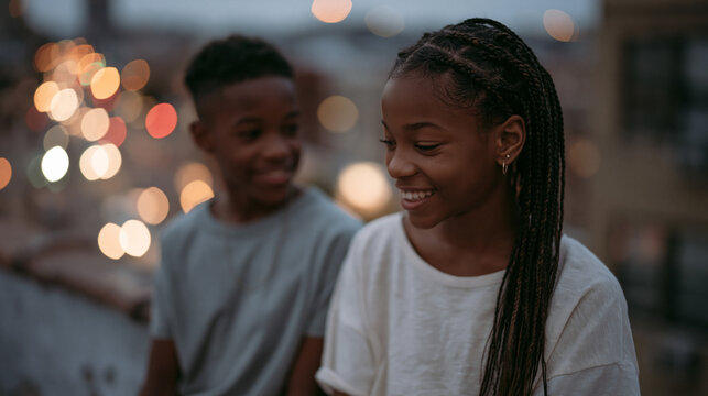 Sister braiding younger brother's hair on a tenement fire escape at dusk, city lights blurring below, laughing despite chipped paint surroundings, perfect for sibling bond, urban