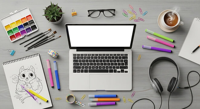 Overhead view of a workspace featuring a laptop art supplies and stationery on a light gray surface