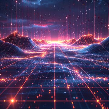 Neon-lit futuristic landscape with grid pattern and mountains