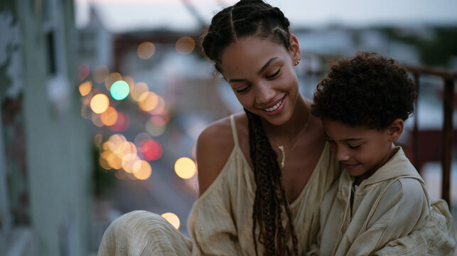 Sister braiding younger brother's hair on a tenement fire escape at dusk, city lights blurring below, laughing despite chipped paint surroundings, perfect for sibling bond, urban