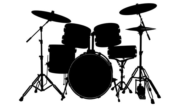 Black drum kit with cymbals on stand in studio lighting.
