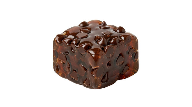 Rich fruitcake slice with dark glaze and nuts.