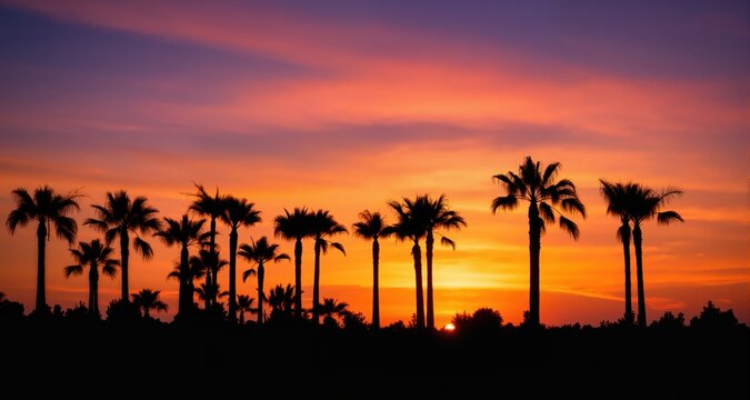 Silhouette of palm trees on sunset sky background
