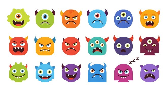 Cute colorful monster faces and alien creatures