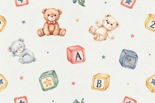 Watercolor seamless pattern featuring cute teddy bears in various poses, wooden alphabet blocks, and small stars on a light textured background