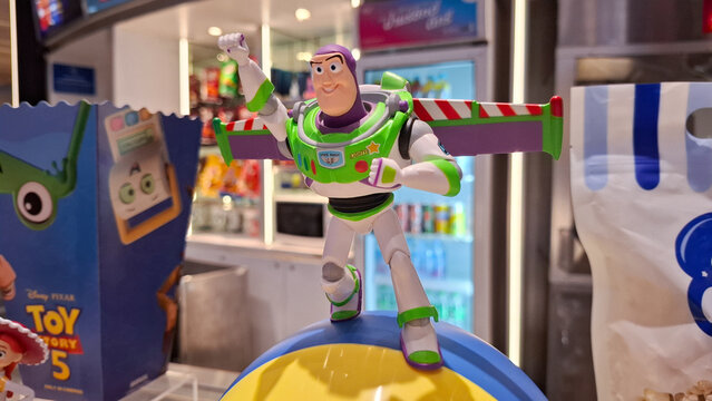 Buzz Lightyear space ranger action figure toy displayed dynamically in a Disney Toy Story retail shop on June 18, 2026 in Bangkok, Thailand