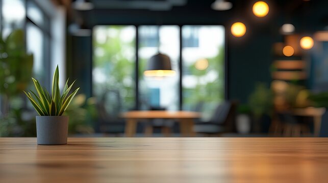 Small green potted plant sitting on a rustic wooden table inside a cozy modern office space with blurred background lighting
