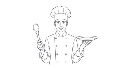 Naklejka premium Female Chef Holding Spoon and Plate Outline Vector