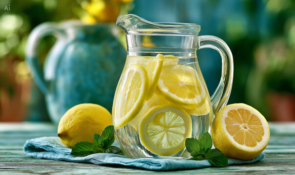 Fresh lemon water in glass jug
