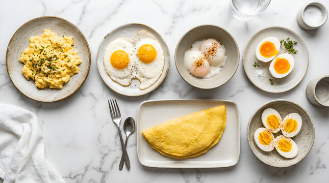 Different Types of Cooked Eggs on a white plate ( omelette, onsen egg, fried egg, boiled egg, ajitama ), food photography
