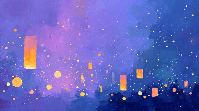 Oil painting style Japanese summer festival lanterns at night ab