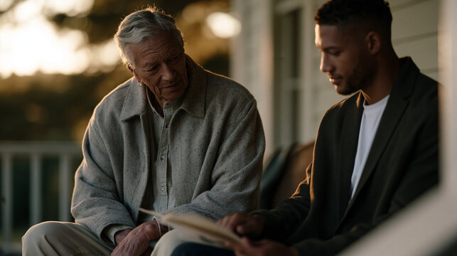 A queer elder in their 70s shares a hand-drawn family tree with a young mixed-race journalist, both seated on a porch during golden hour, authentic intergenerational storytelling,