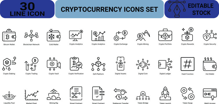 Cryptocurrency icons set for blockchain digital assets trading finance and security applications for website and app design editable stock vector.