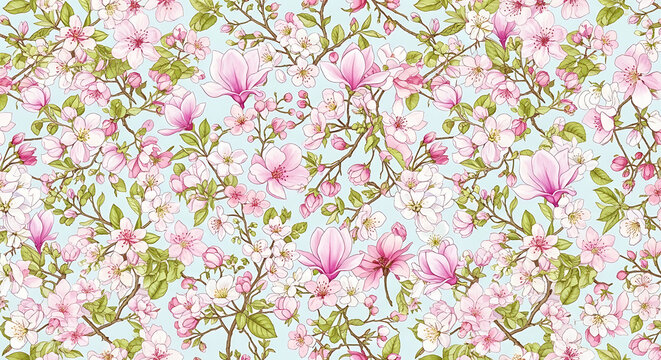 Pink magnolia and cherry blossom floral ornament on a pale blue background