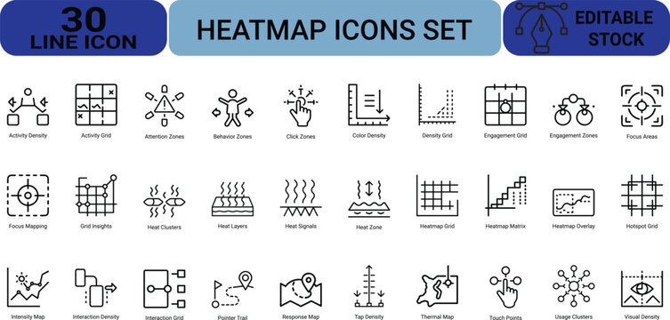 Set of thirty heatmap outline icons representing user behavior interaction density analytics click zones and visual patterns for digital application design.