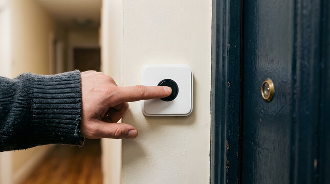 Finger pressing a doorbell isolated on transparent background