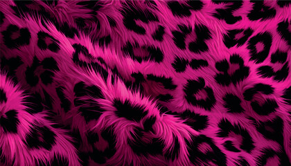 Obraz premium Seamless texture featuring a bright pink faux fur fabric with a black leopard print pattern. This luxurious long-haired material is soft, fuzzy, and ideal for fashion or creative design.